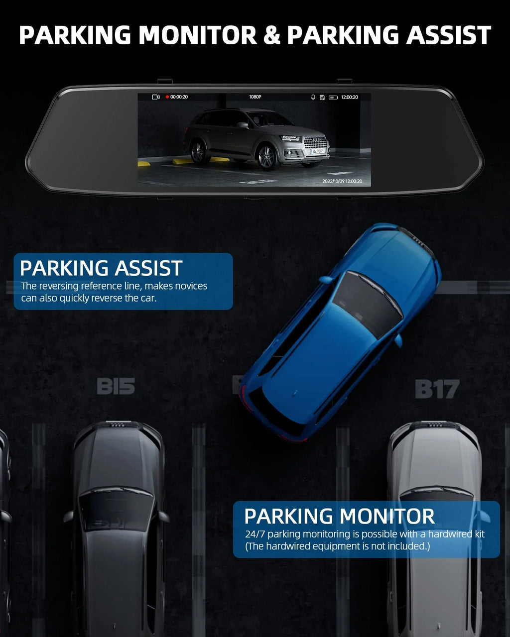 Rear Waterproof Motion Parking Mirror Car Front TOGUARD Camera Dual 7" Camera 1080P with Touchscreen Camera Detection Assistance View Dash Rear FHD Backup Cam Mirror and