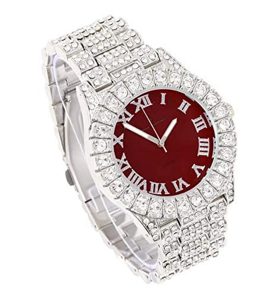 (Silver Colored Rocks Out Watch - Roman Dial Numerals Burgundy) with Women's ST10327LA - Bezel Fully Iced Big