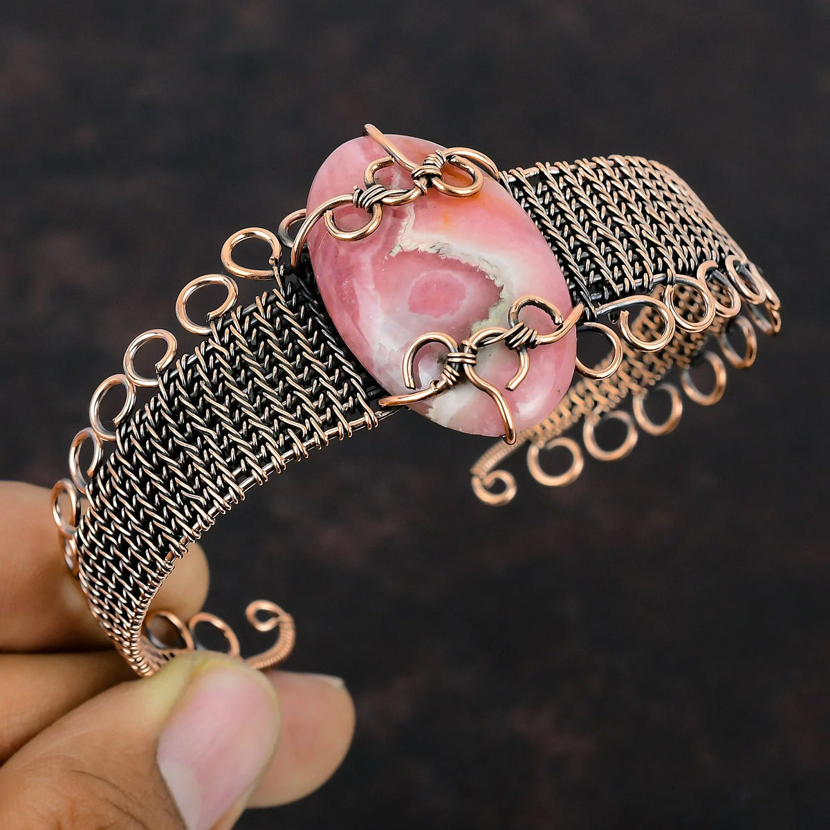 Gemstone Wrap Adjustable Wire Copper Jewelry Bracelet Cuff Rhodochrosite Bangle