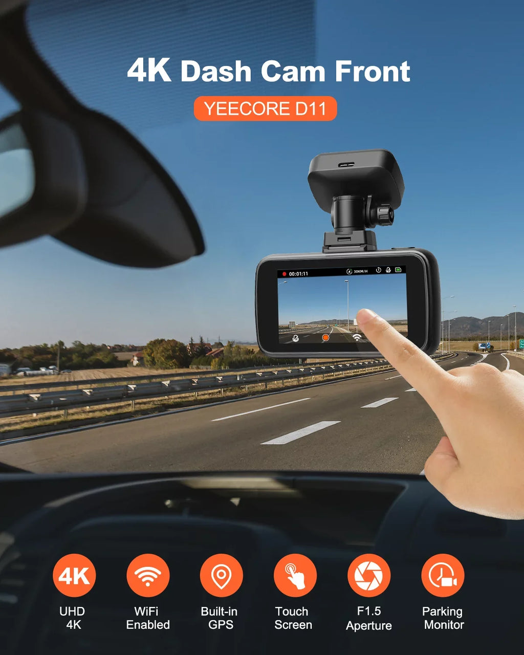 4K Screen YEECORE UHD Dash Super Max Camera WiFi Monitor, 2160P with Support Cars Dash Night Inch, GPS, 2.45 Camera Cam, for Mini Loop HDR, Parking Vision, Touch 256GB G-Sensor, Car Front, Recording,