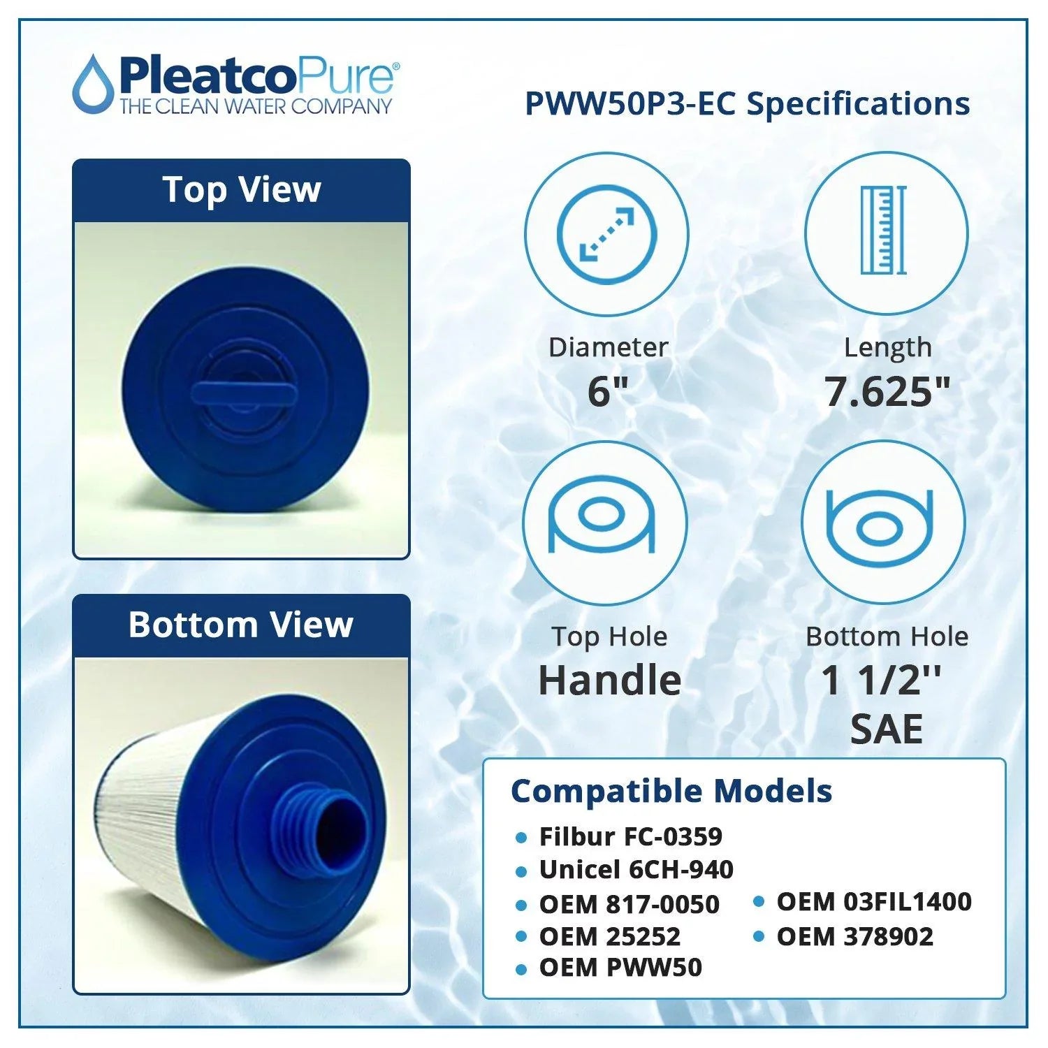 Cartridge for Spa PWW50, PWW50P3-EC White Filbur: 6CH-940, Filter 817-0050, FC-0359, 378902, 03FIL1400, Part Unicel: OEM Numbers: 25252, Replacement Pleatco