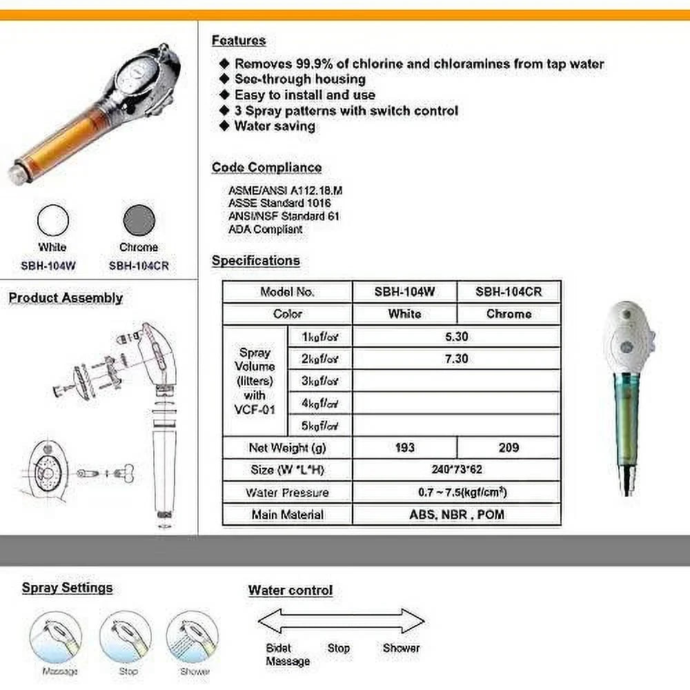 chlorine of shower filter included and liquid removes pressure 99.9% with chloramines - 2 filters - shower high - up head flow by to low