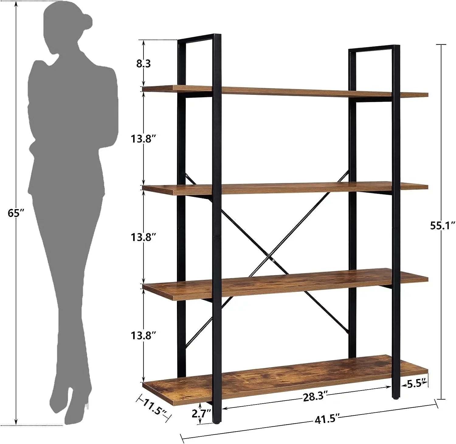 Rustic Open for 4-Tier Bedroom, Frame, Book Bookshelf, with Home Shelves Living Tall Office, Brown Display Shelf, Bookcase Metal Room, DIQIN