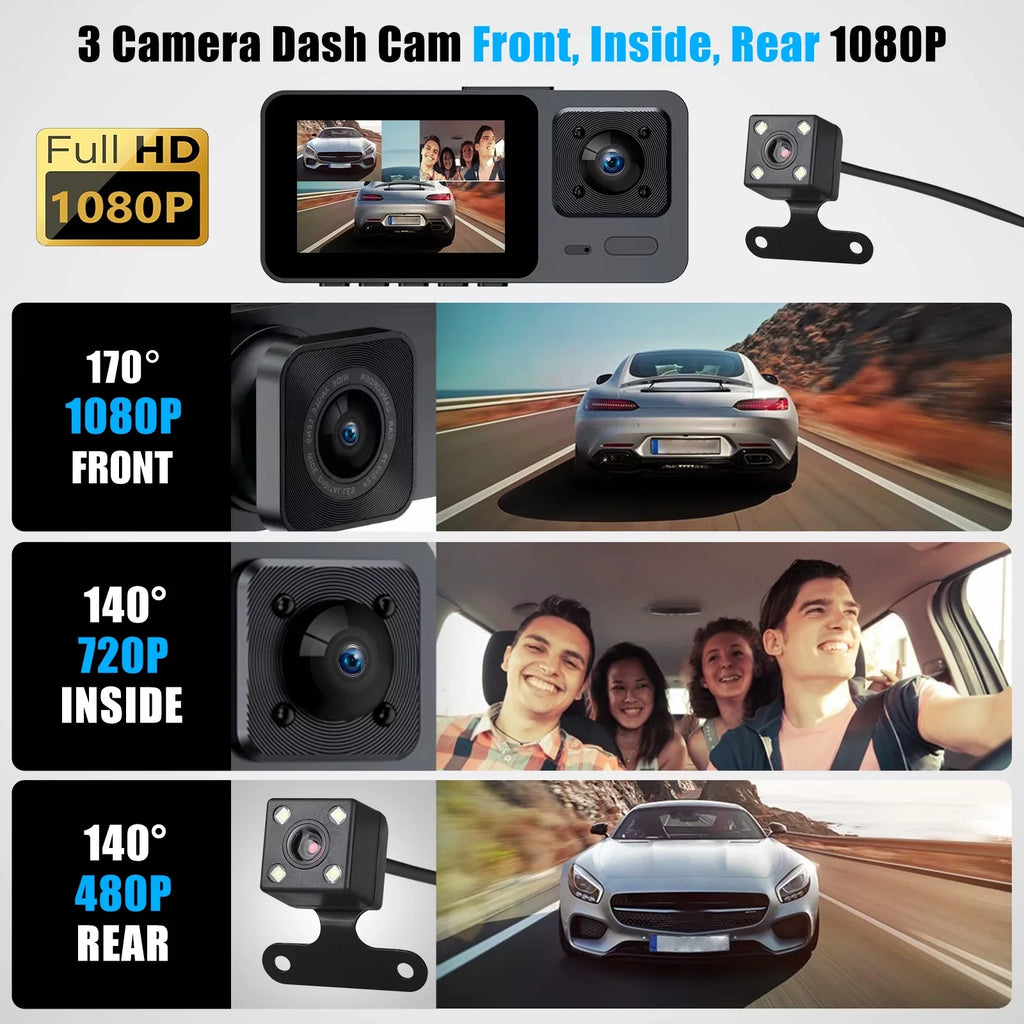 Cam Dual with and Rear, Camera, Vision Dash Backup Night Cam Screen 1080P HD Dash Car TSV 3 Channel Front Camera DVR