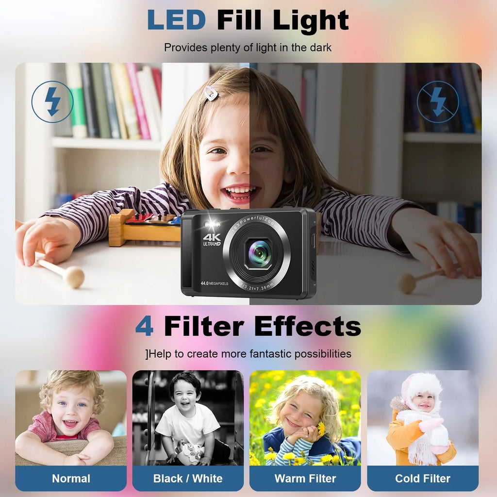 with Digital Camera SEREE SD Zoom, and 2 Card 16X Digital Digital and with Camera Autofocus Batteries 44MP Portable Point Cameras 32GB Compact 2.4'' 4K Shoot