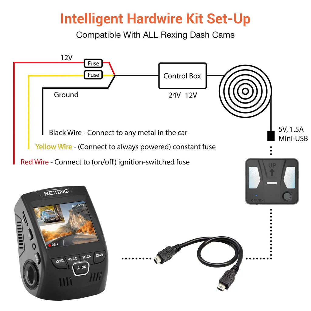Models Mini-USB All for Hardwire Dash Cam Intelligent Rexing Rexing Kit Port