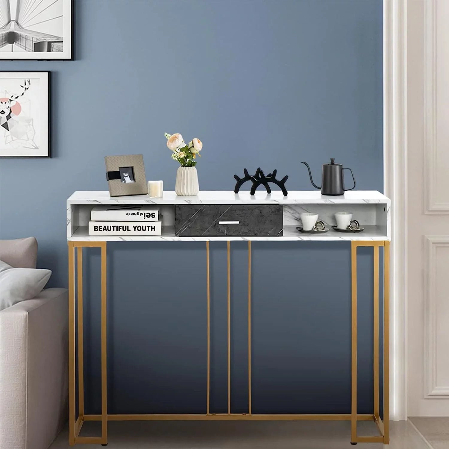Sofa Drawer NLTBONNIE Kitchen with Table Faux &amp; - Adjustable Foyer Table for Hallway Room Pads &amp; Marble Entryway Room Anti-Toppling Console with Living Foot Device Dining Ent
