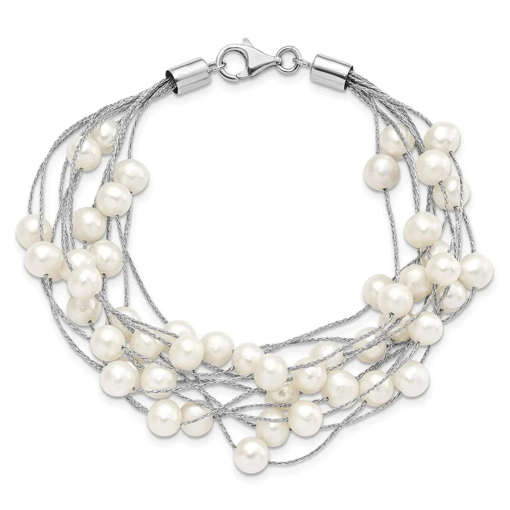 Women Pearl Silver 10-rows 925 Bracelet 7.25inch Auriga for 7-8mm FWC Rhod-plat Sterling White
