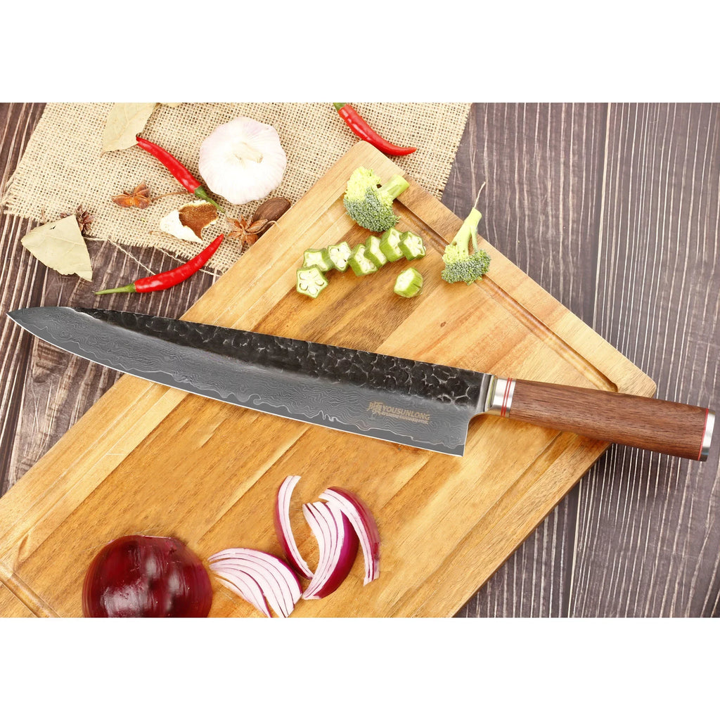 Sheath Chef Hammered Steel Pro Damascus Walnut 12 with Leather YOUSUNLONG - Handle Natural Wooden Gyuto Japanese inch Knife