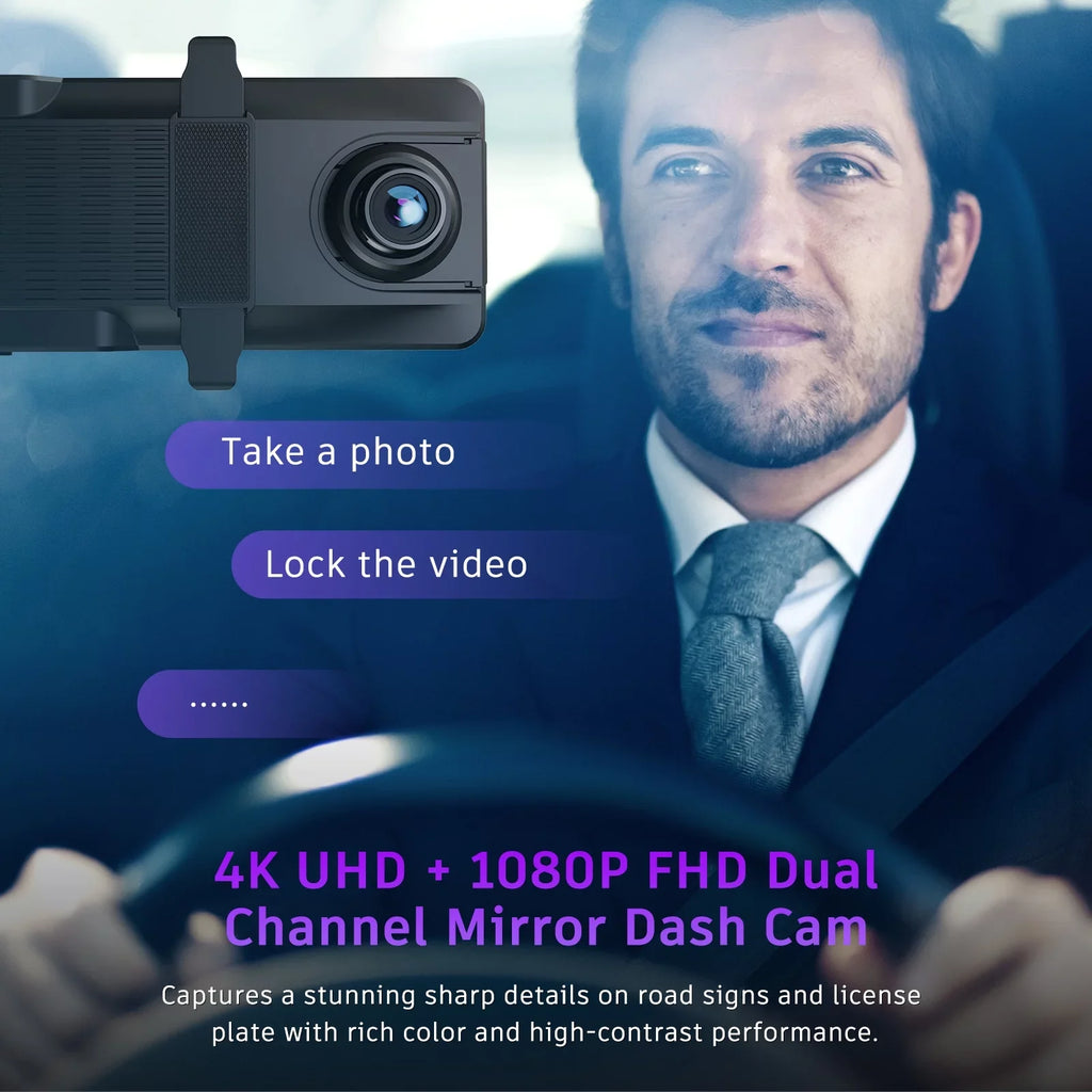 Night Voice Screen Backup Front and Control TOGUARD Touch IPS Sensor, Super Camera with Mirror Rear, 4K+1080P Parking Dash Cam Assistanc 12" Vision,