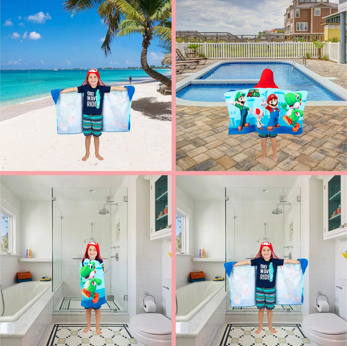Kids x Mario Super Franco Towel Wrap, By Cotton 24 Soft in, Bath/Pool/Beach Hooded in Terry 50