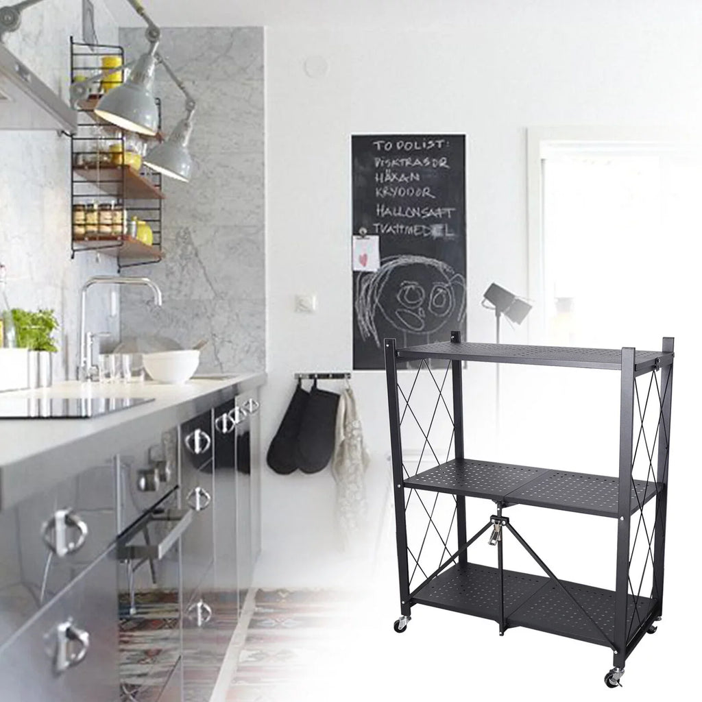 3-Tier Storage with Utility Shelves Metal Rack Kitchen Movable Trolley (Black) Cart Miumaeov Holder Foldable Rolling Wheel