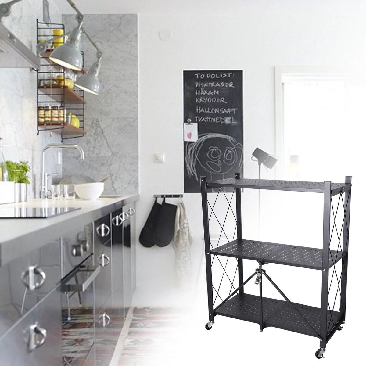 3-Tier Storage with Utility Shelves Metal Rack Kitchen Movable Trolley (Black) Cart Miumaeov Holder Foldable Rolling Wheel