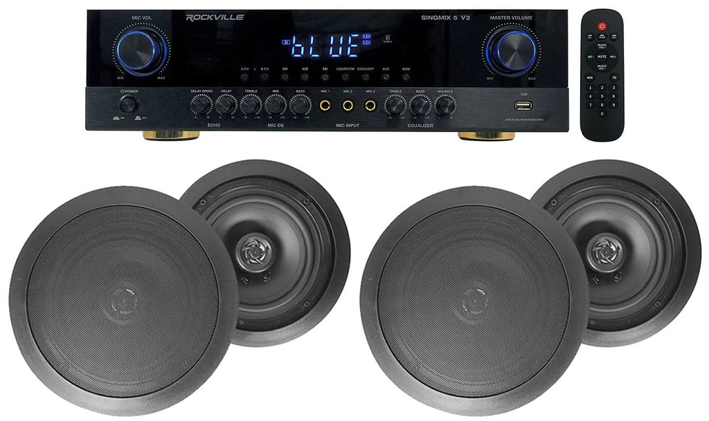 Rockville Ceiling 8" Home Speakers Black SINGMIX Receiver Bluetooth 5 Amp+(4)