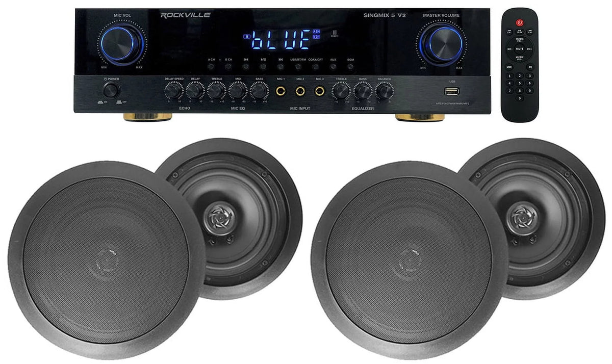 Rockville Ceiling 8" Home Speakers Black SINGMIX Receiver Bluetooth 5 Amp+(4)