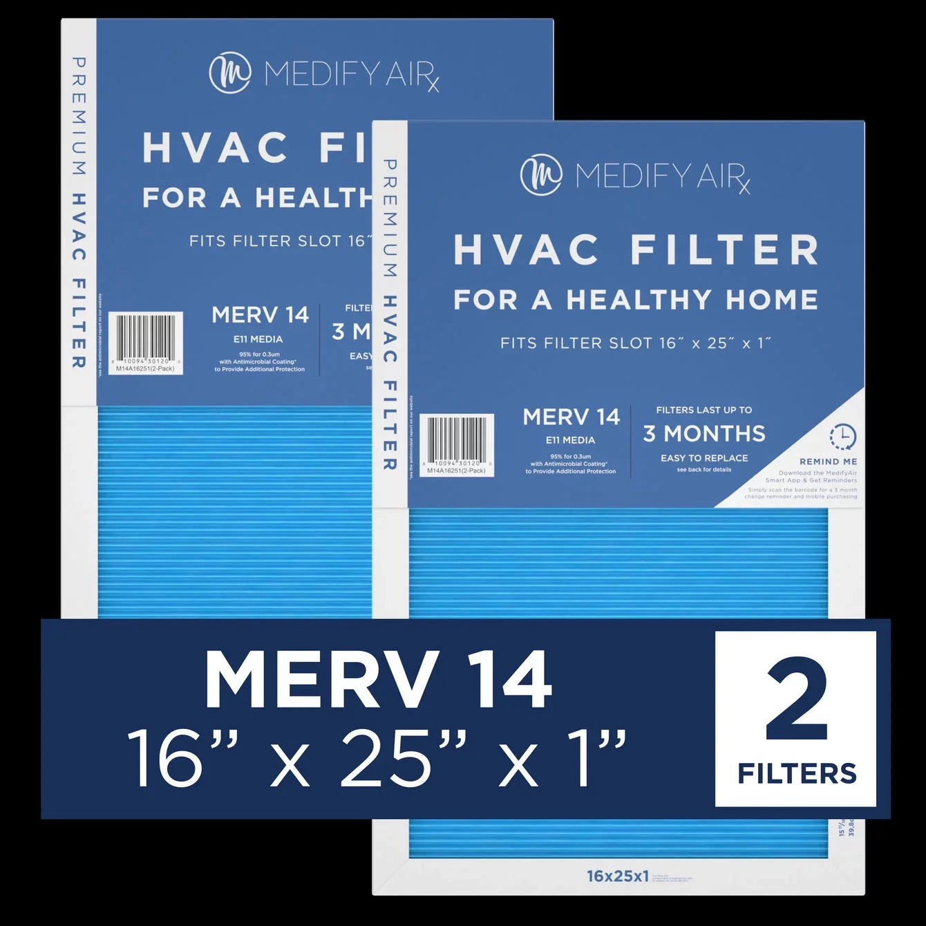 14, Air Particles Air 2-Pack) 95% HEPA Pleated Cleaning Filter (MERV Medify 16x25x1