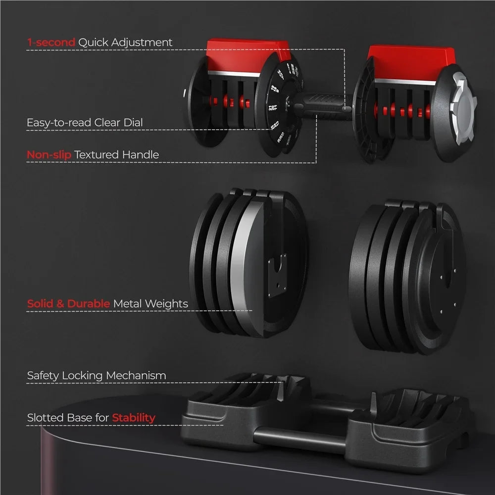With Set Dumbbell Quick-Adjust 3-In-1 Handle, 7-52.5lbs Anti-Slip Renwick Weight Black