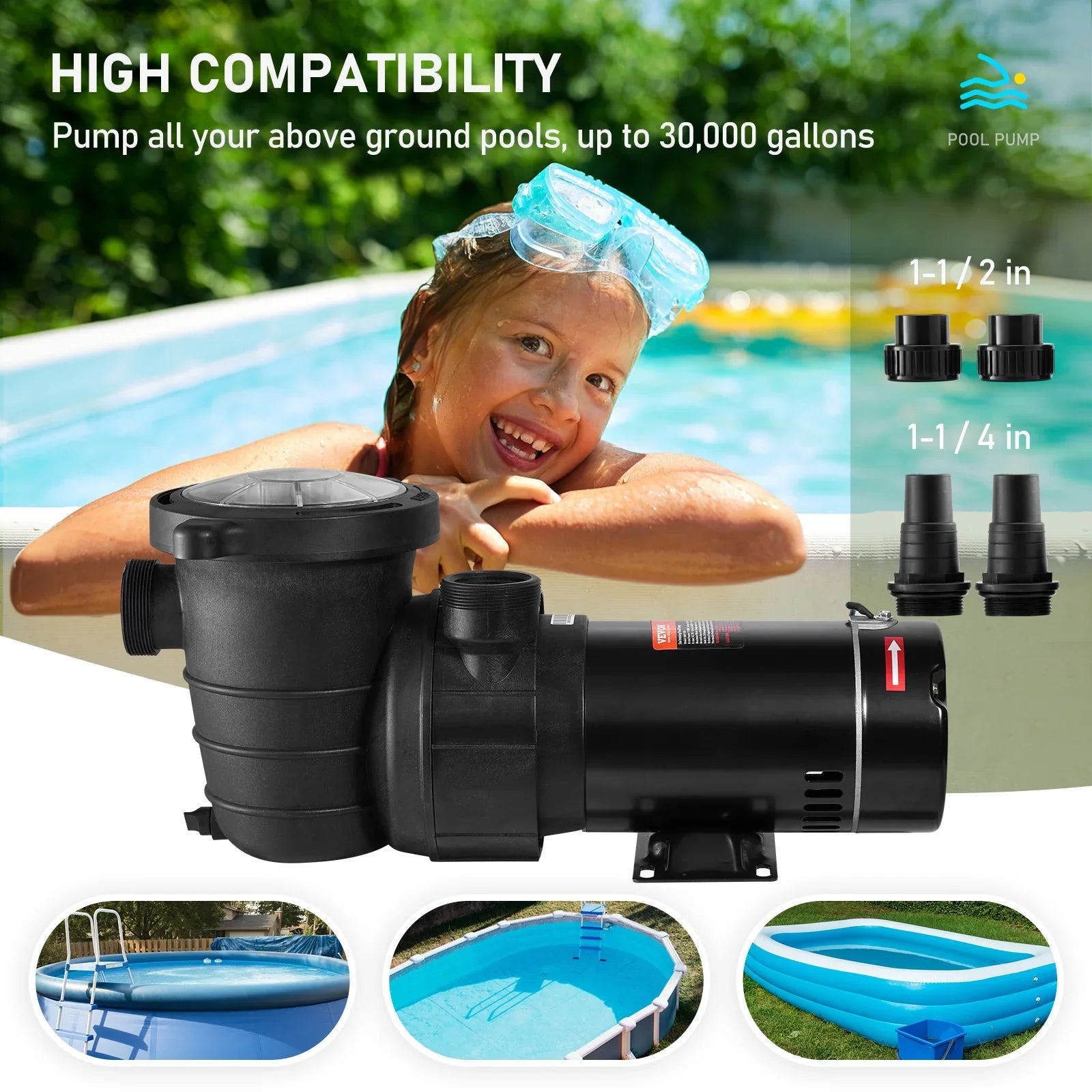 Single Pool 5280GPH Happybuy 1100W Speed Above Ground Strainer Max. Pump, Basket, Flow, Certification of for Swimming 1.5HP Pool 115V, w/ Pumps ETL