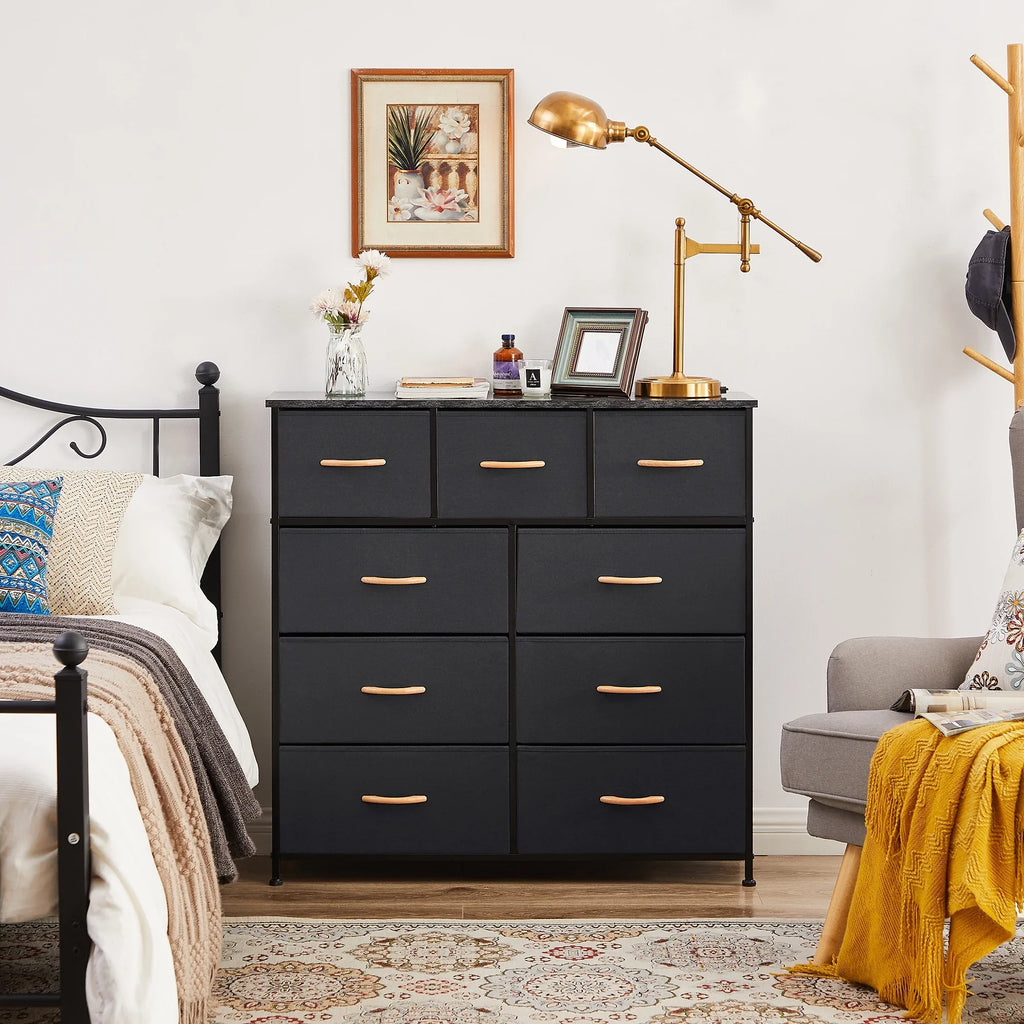 Sturdy Fabric Steel Dresser, Top, Easy-to-Pull Hallway, Wooden Bins(Black Bigroof Organizer Storage Living Room, Cabinet, for Furniture Frame, 9-Drawer Tower Grey) Bedroom, Fabric Closet,