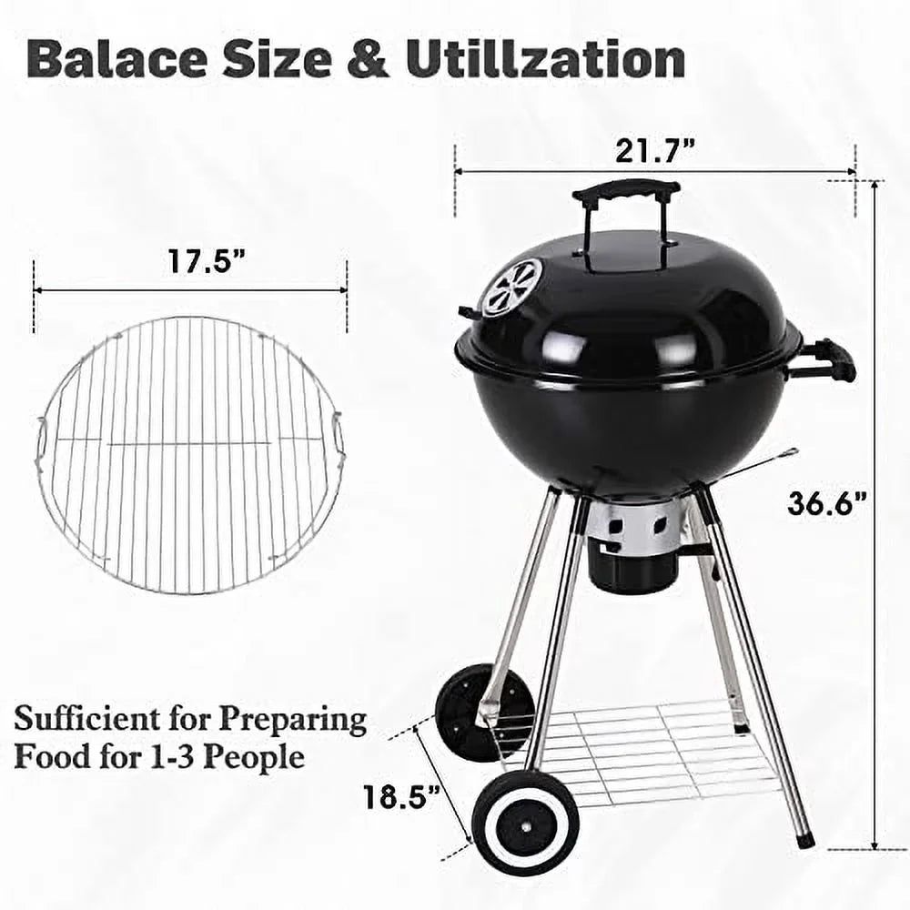 Lid and BBQ 18-inch Camping, Ash Black Catcher for Sophia Porcelain-Enameled Picnic exterior Grate, Kettle Chromeplated Grill Charcoal & Patio William with BBQ Bowl,