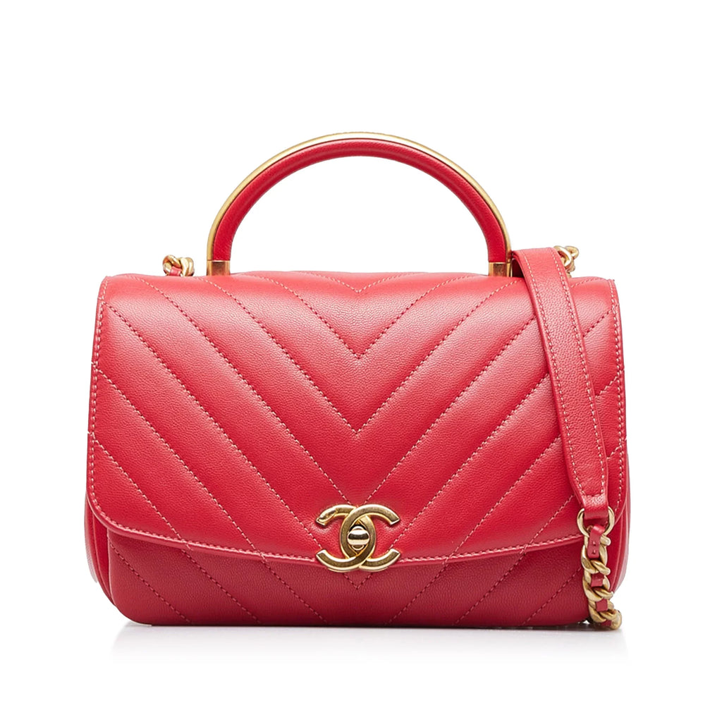 Chevron Leather Red Flap Satchel CC Pre-Owned Authenticated Unisex Lambskin (Good)