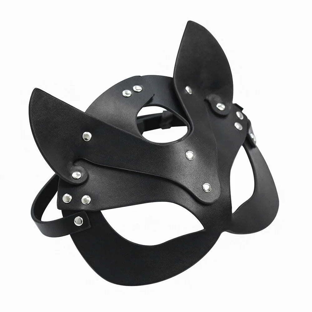 Nightclub - Leather Masquerade, Choker Faux for Halloween, Sexy Set and 1pc Fun Fox and Roleplay Mask Carnival and Set Lingerie for