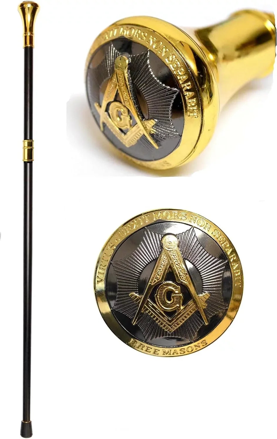 2 Walking Alloy Logo of Square at Cane Piece Top On & Handle, Dividable The Tip Embossed Metal Masonic with 37" 2-Tone Shaped Cane Handle, Compass Base Ball Rubber High Shaft,