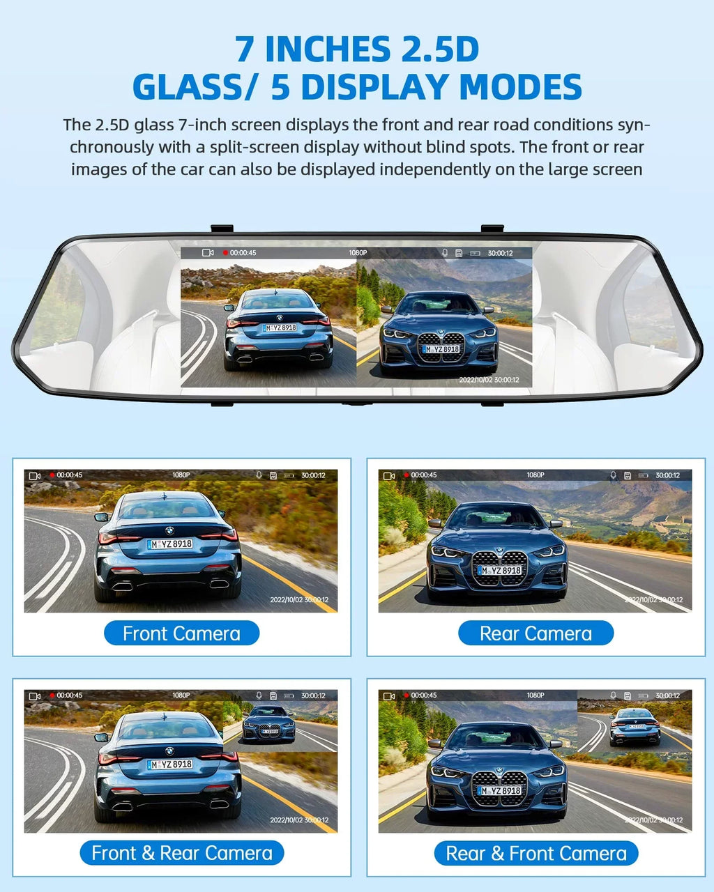 Rear Waterproof Motion Parking Mirror Car Front TOGUARD Camera Dual 7" Camera 1080P with Touchscreen Camera Detection Assistance View Dash Rear FHD Backup Cam Mirror and