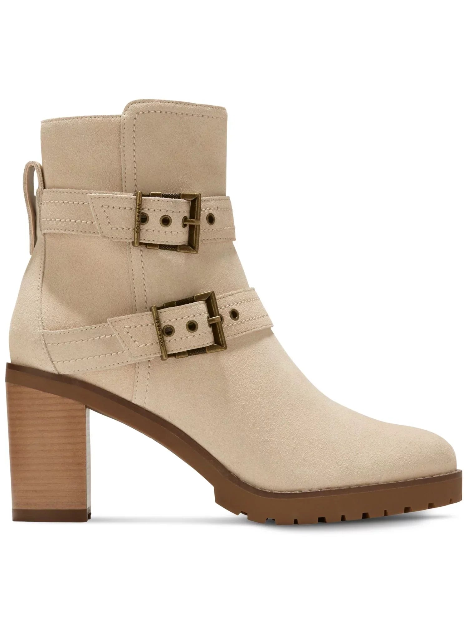 Heeled Zipper Zip-Up Almond Beige Foster Stacked Toe Heel HAAN Boots Womens Leather Accent 5.5 COLE B