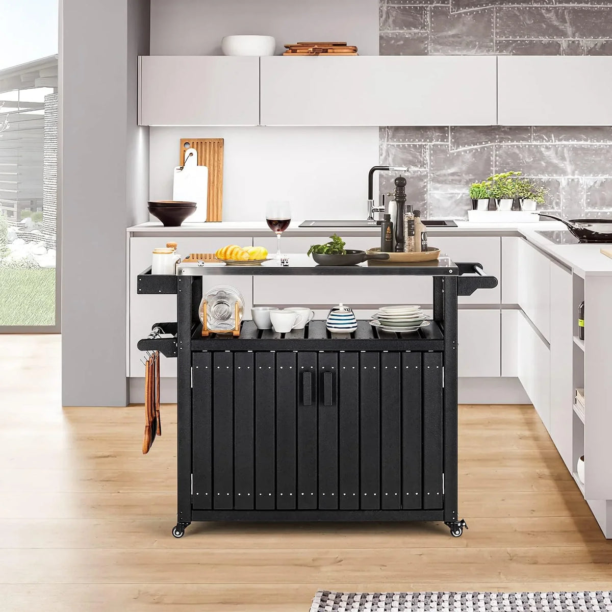 Rack, Top Spice Rolling Kitchen Cabinet, Storage With Island HDPE Black Island Table Towel Stainless Hooks, With Kitchen And Rack, Cart, Steel