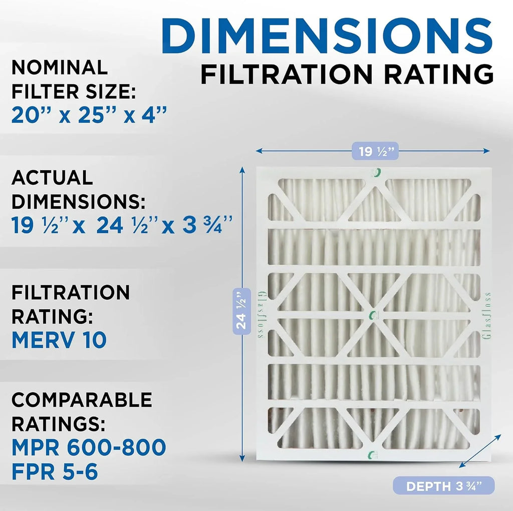 20x25x4 10 19-1/2 x 3-3/4 Pack. MERV dimension: 6 Furnace 24-1/2 Actual Filters. x & AC