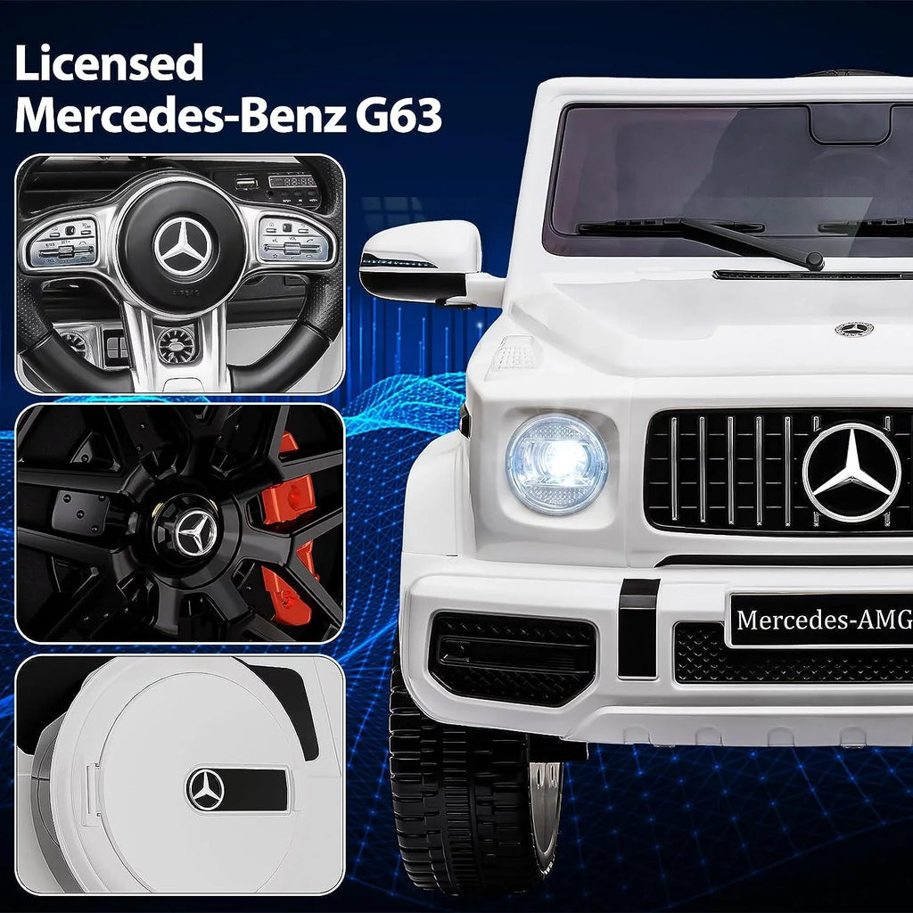 Control, Kids Horn, LED Music, Lock Car, Benz Electric Licensed Electric Battery Car on Spring Vehicle, 12V Mercedes w/Remote Powered Bluetooth, Suspension, AUX, Safety G63 Light, Ride White