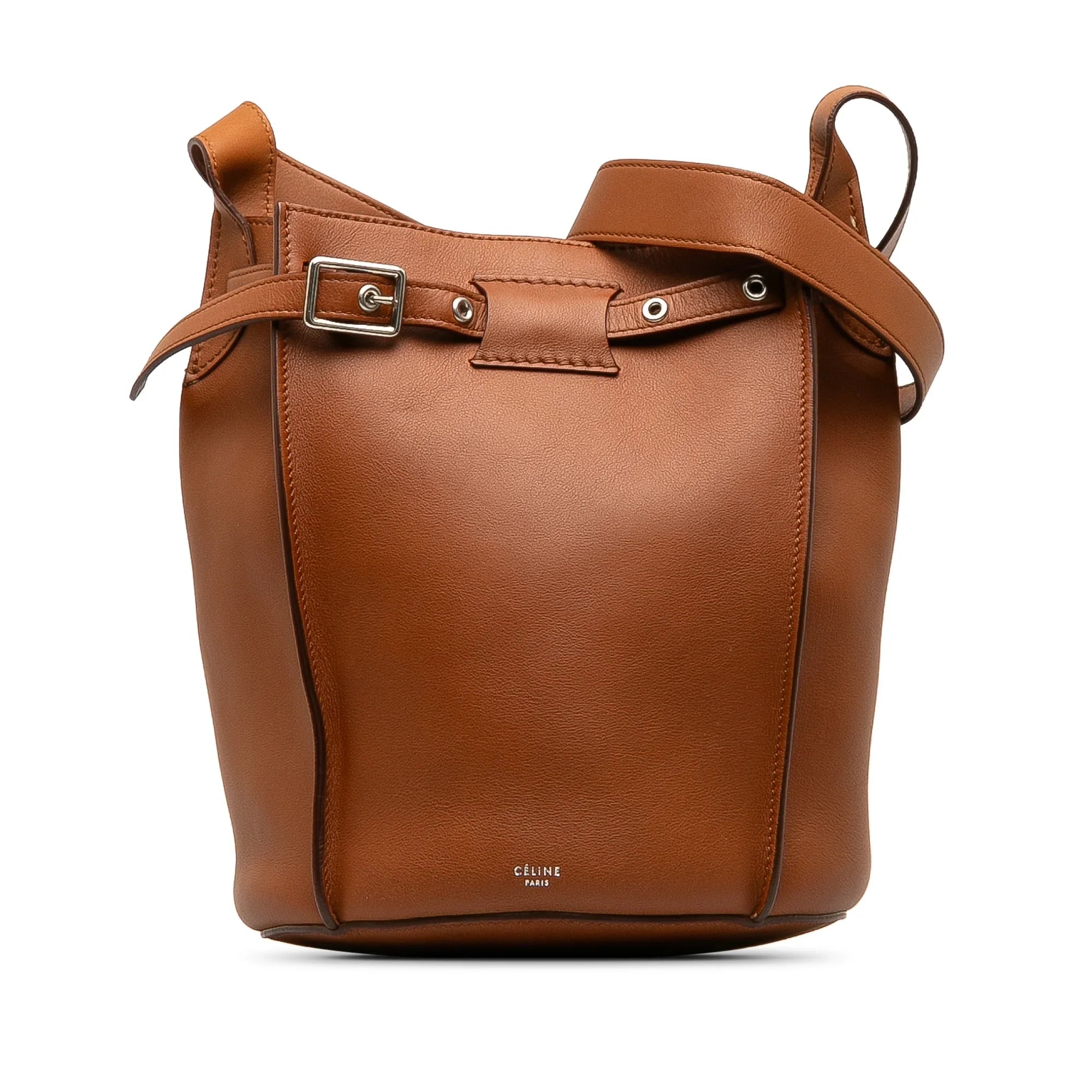 Authenticated Unisex Celine Leather Bag (Good) Calf Brown Bag Pre-Owned Bucket Bucket Big DrawstringBag