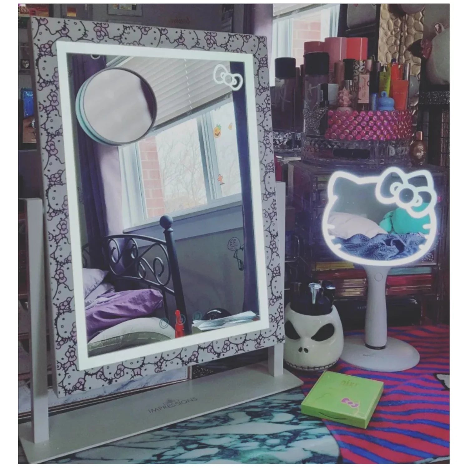 with LED 3X Mirror Iron Lights (White) grade Makeup Frame Swivel Cute Mirror Impressions Tone and Vanity Mirror, 360 Hello Tri Degree Magnification, Lighted and Touch with Vanity Kitty