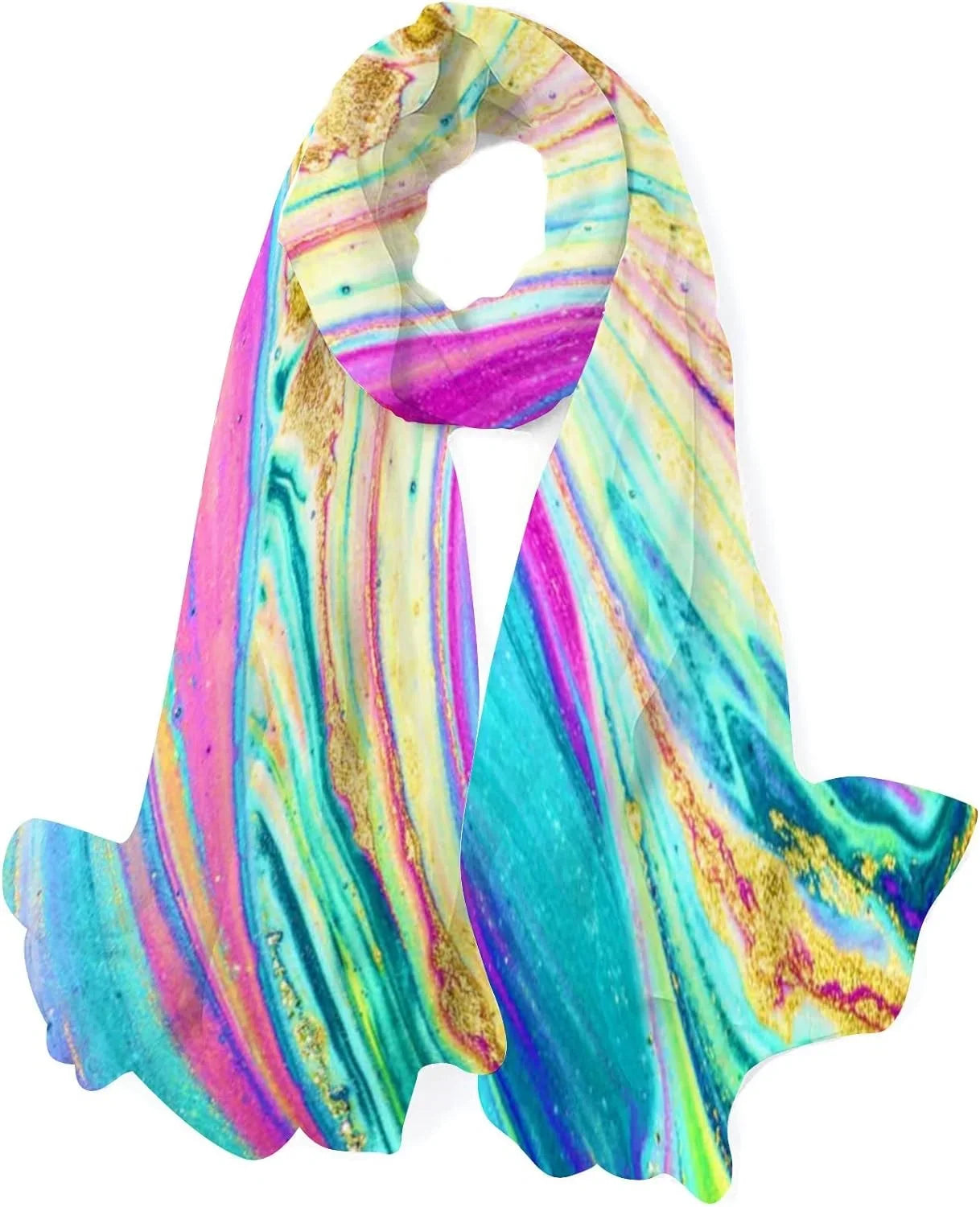 Silk Art Wrap Lightweight Marble Shawl Watercolor Women Hyjoy Girls Long Neck Scarves for Scarf