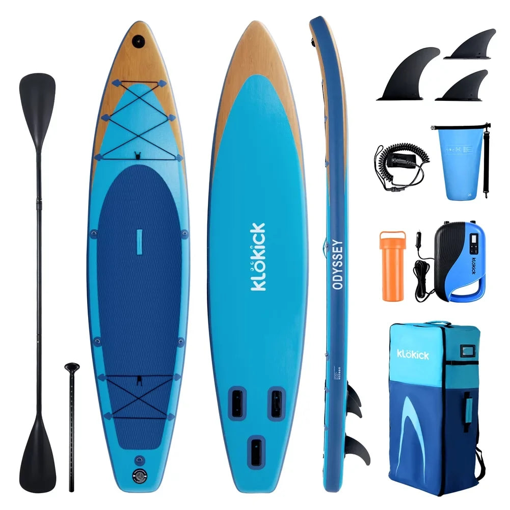 x Paddle 6'') Leash, 32'' Air SUP (12' ft Pump, Fin, Premium ELECTRONIC KLOKICK 12 Inflatable with x