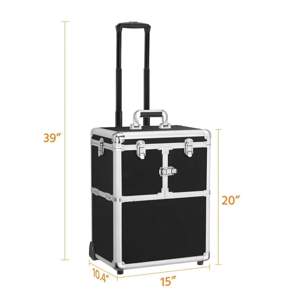 Alden Case Trolley Makeup Rolling Retractable Black Mirror, Wheels, with Design Trays, &
