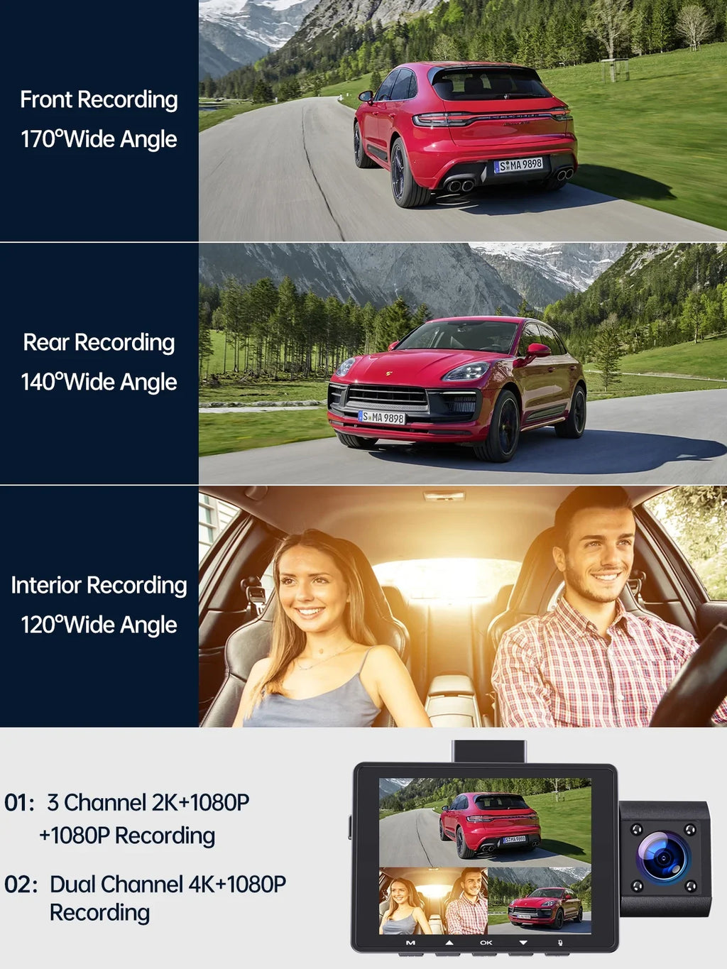 Vision, and Dash Triple Dashcam Camera, Parking Dash Front Channel 4K WDR,G-Sensor, IR Night Rear 4K+1080P TOGUARD Cam 3 Camera Monitor with 2K+1080P+1080P Car Inside,