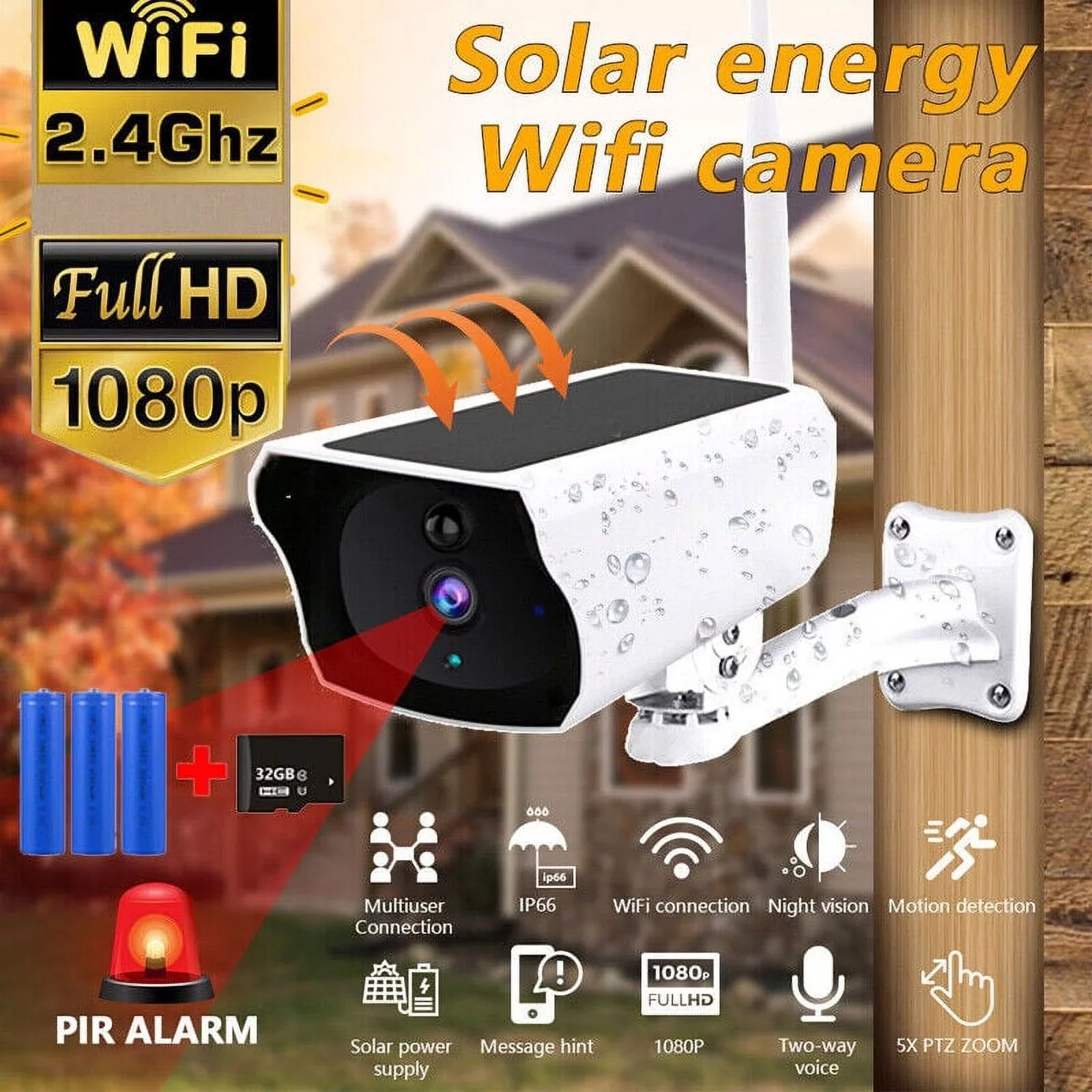 System Wireless Solar Home Camera AI 1080P MDHAND GB Camera exterior Camera, Detection exterior, Card + IP66, Pro 32 Surveillance Memory Security