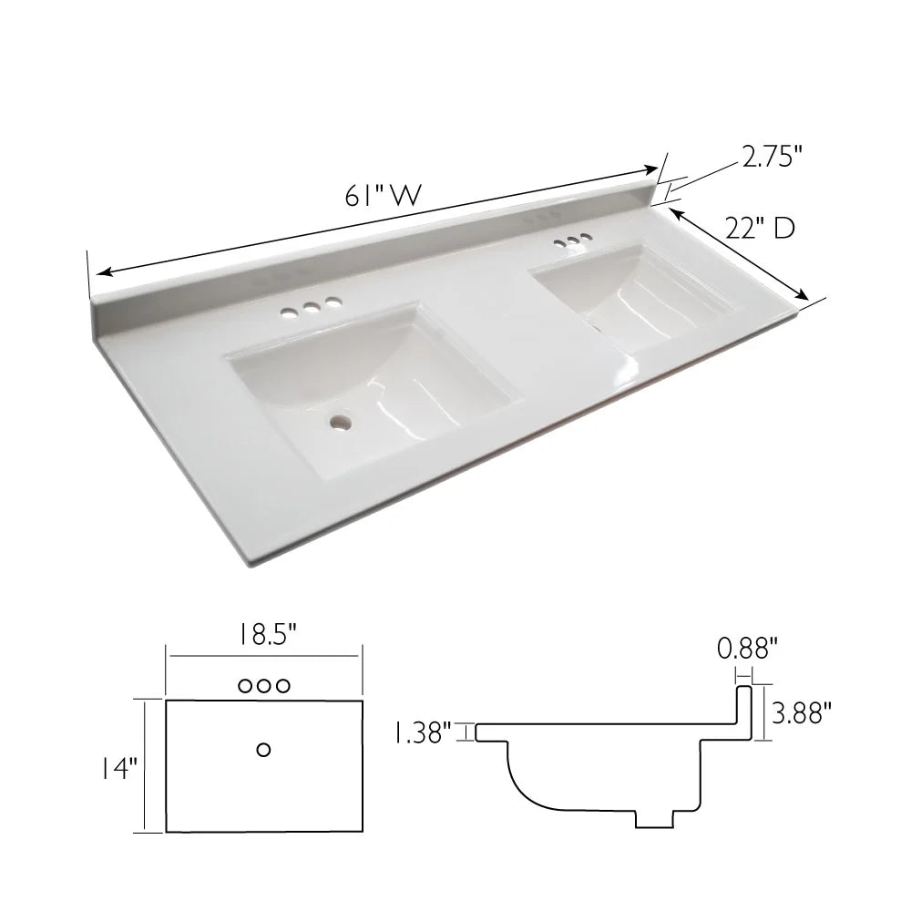 Mount White Marble Double Integrated Solid Backsplash, Rectangle with Cultured Design Camilla House Centerset 557678-WHT Top 61-inch Bowl Vanity