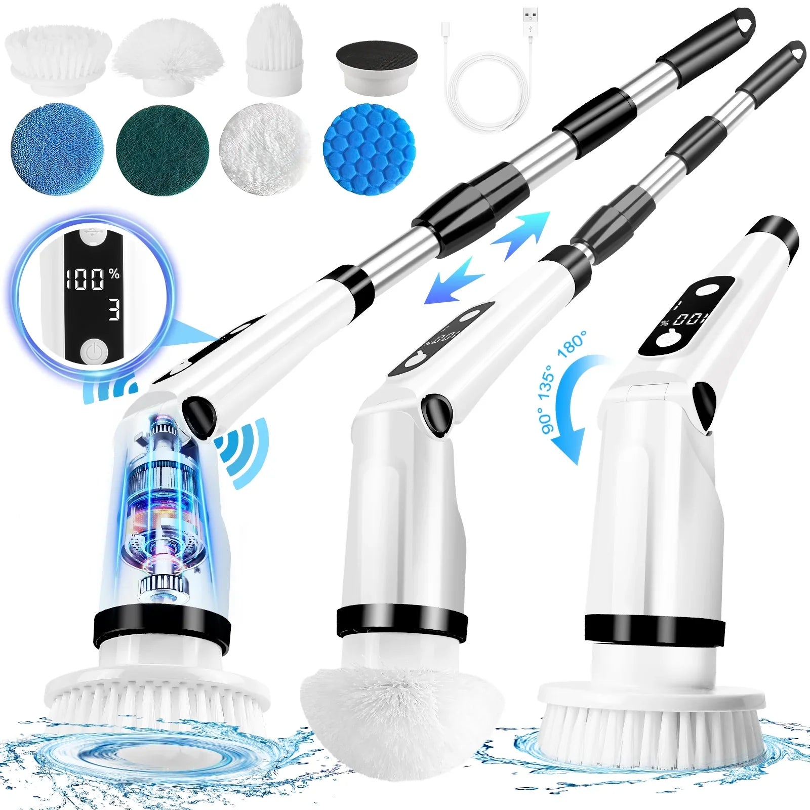 Cleaning Cordless WLRETMCI for Handle Electric with 8 Brush Kitchen Tub Household Cleaning Brushes with Floor Heads,Shower Scrubber Spin Scrubber, Long Brush Car Bathroom Tile