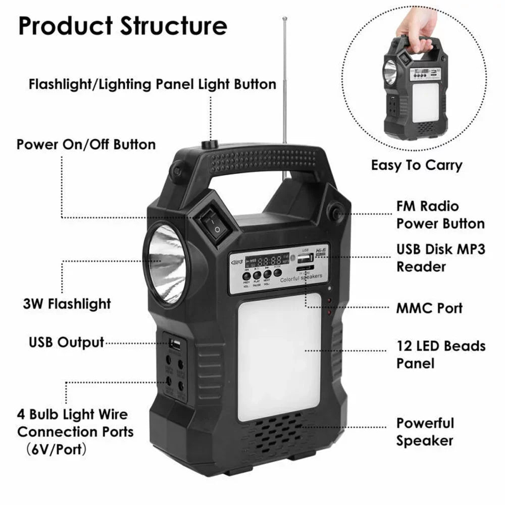 Solar Station, Rechargeable Powered Charge, Bulbs Flashlight for Bank Generator, Solar 3 Way Hiking Camping LED with Portable MDHAND To Power Dual Panel Solar Emergency