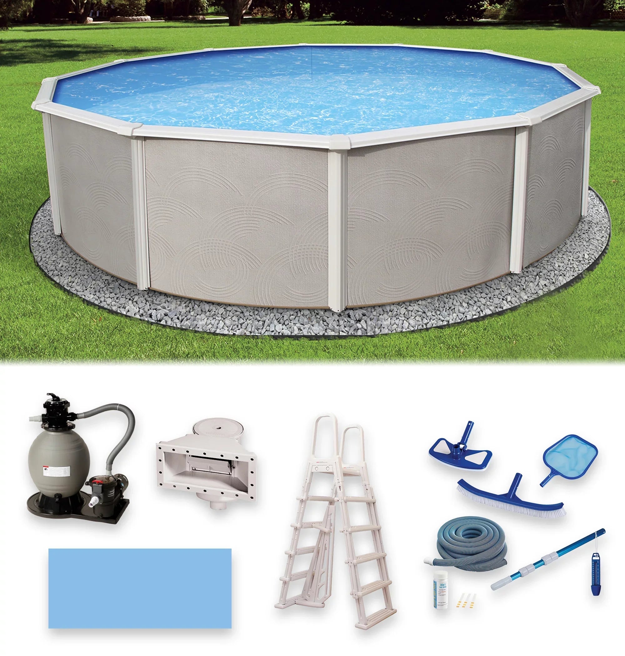 Package 52-in Wall Deep Round 27-ft Metal 6-in Top Swimming Belize Rail Pool