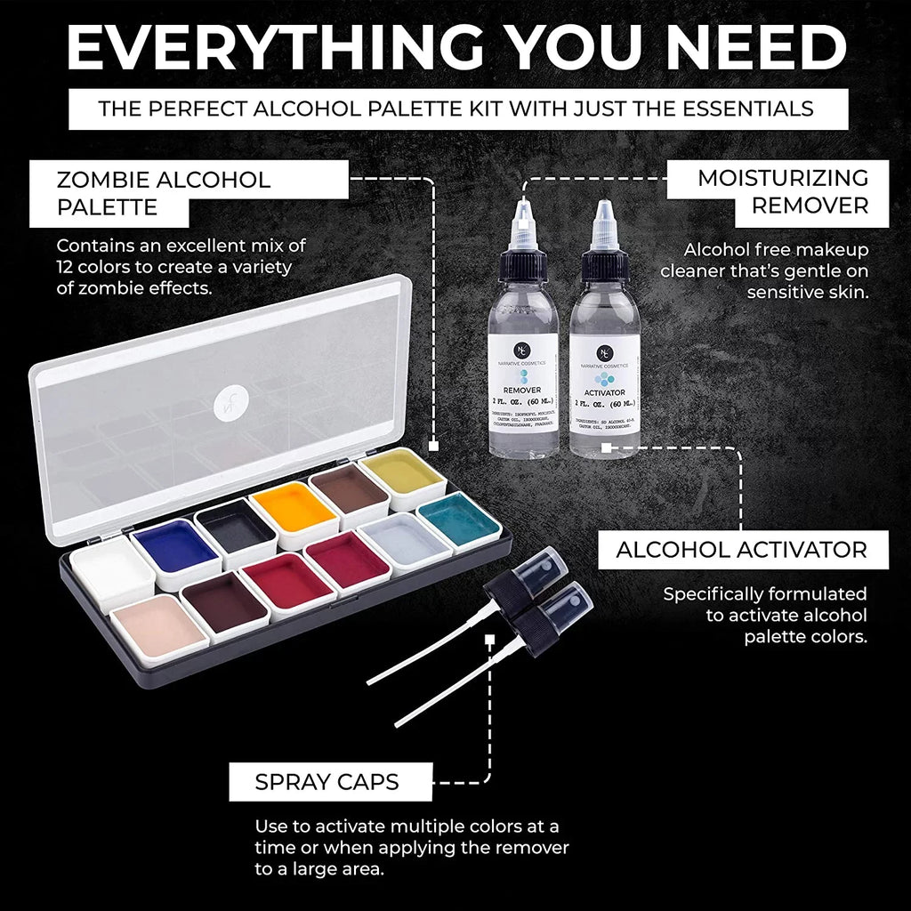 Cosmetics Artists Waterproof Color - Remover Kit Narrative Includes Makeup Activated 12 and Palette for Activator Professional Alcohol Moisturizing Makeup - Zombie Alcohol Makeup SFX