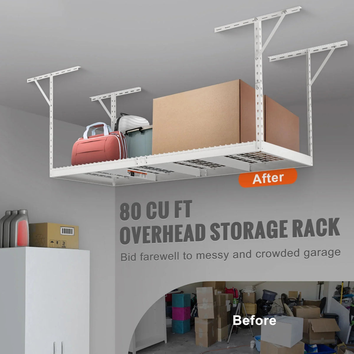 Storage Rack 600lb Ceiling White Overhead Rack Adjustable SKYSHALO 36x96" Garage