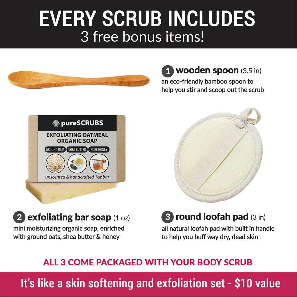 FREE Body Spoon, - Bar pureSCRUBS Pink SCRUB Scrub & BODY + Exfoliating CUCUMBER With Nutrients Organic Large 16oz Oils Soap Set- Wooden Essential Himalayan Mini Infused Premium Loofah Salt &