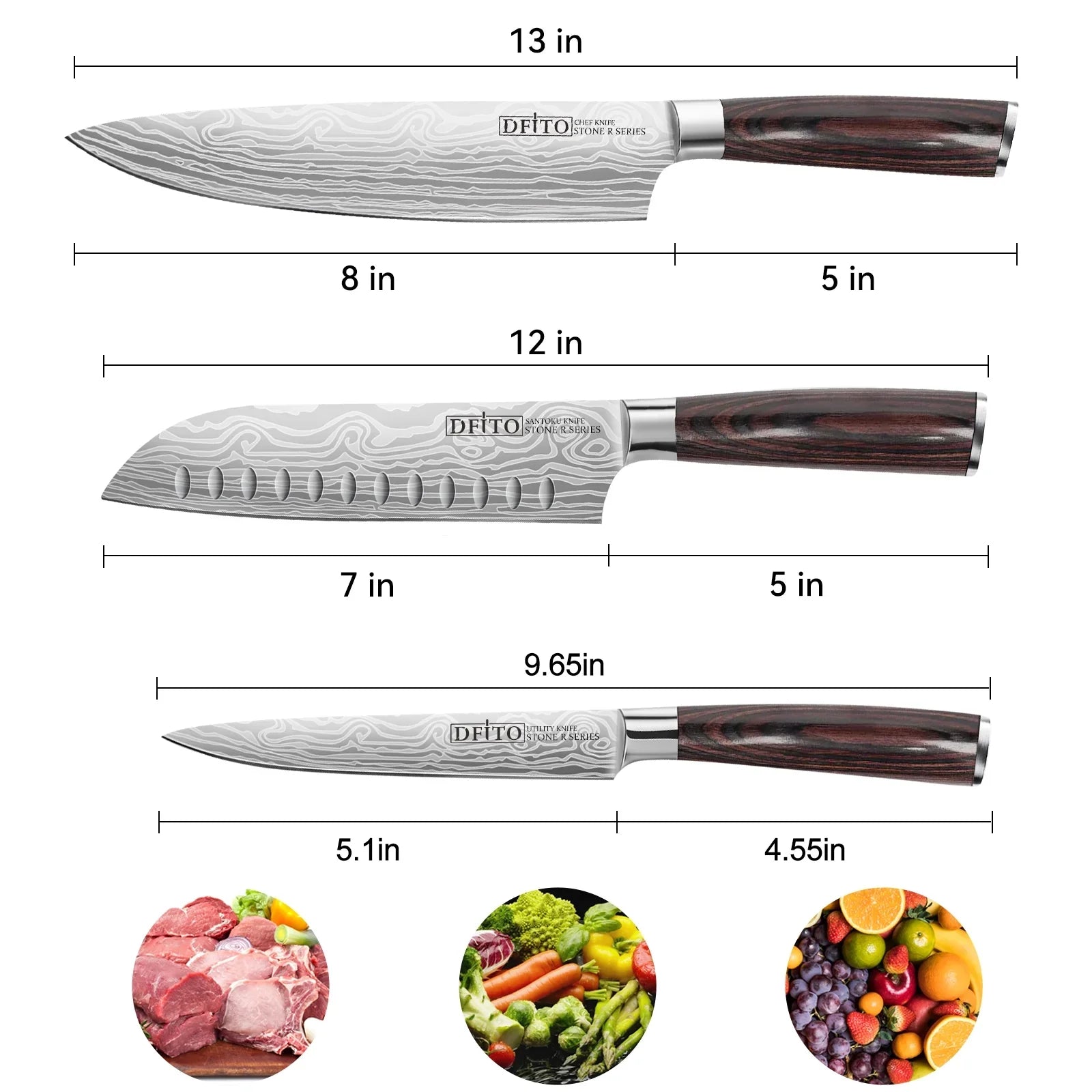 Chef Steel and Ergonomic or Restaurant Ultra for Sharp 3PCS Stainless Box Carbon Handle Knife Chefs Knives,High Home Set, Blade, Gift DFITO Kitchen Professional Knife,
