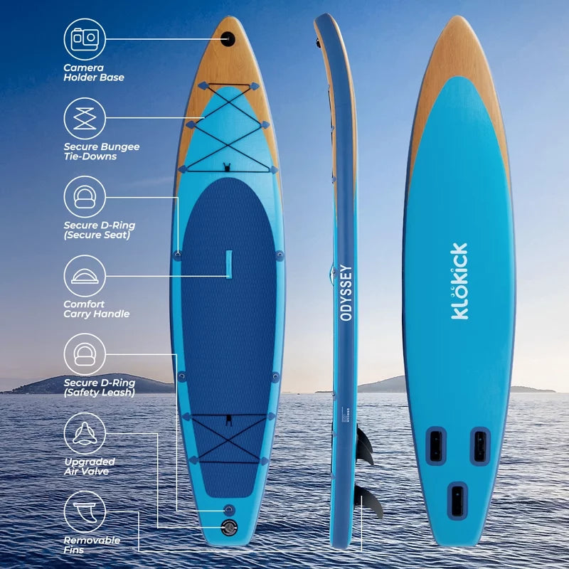 x Paddle 6'') Leash, 32'' Air SUP (12' ft Pump, Fin, Premium ELECTRONIC KLOKICK 12 Inflatable with x