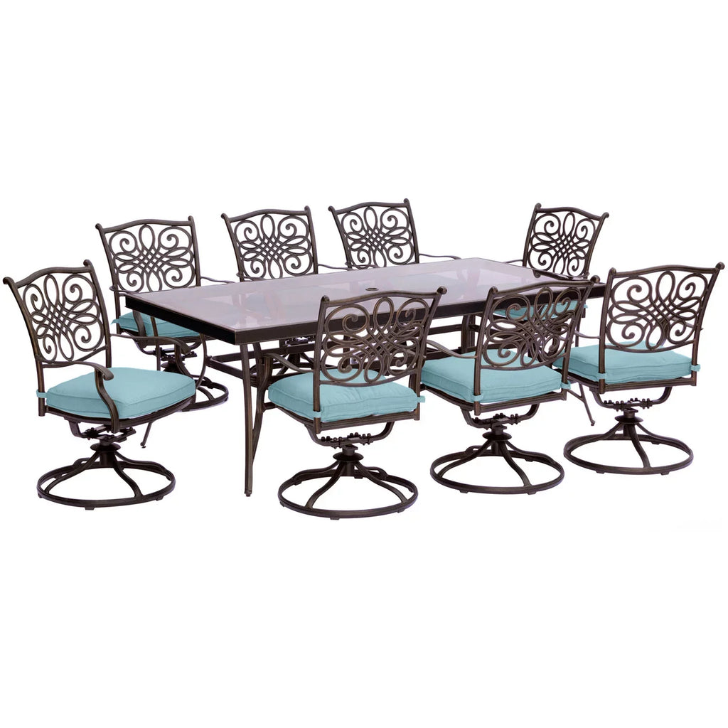 9-Piece in Blue Extra Dining Set Large with Seasons Dining Table Glass-Top Cambridge