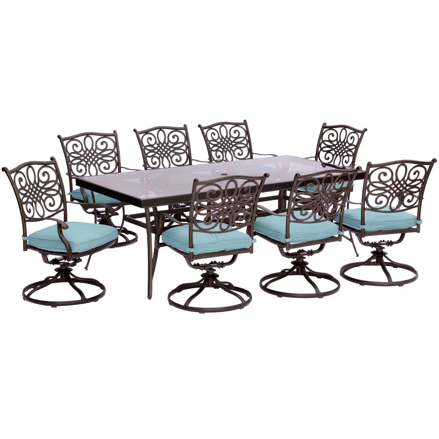 9-Piece in Blue Extra Dining Set Large with Seasons Dining Table Glass-Top Cambridge